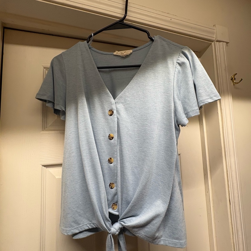 Light Blue Button-Down Tie-Front Top